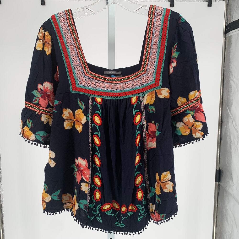 Anthropologie embroidered floral top navy blue boho women's size medium